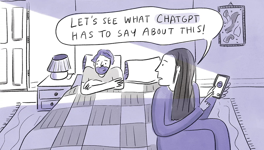 An illustration of a couple, with the man in bed looking perturbed and the woman holding a phone and saying let's see what ChatGPT has to say about this.